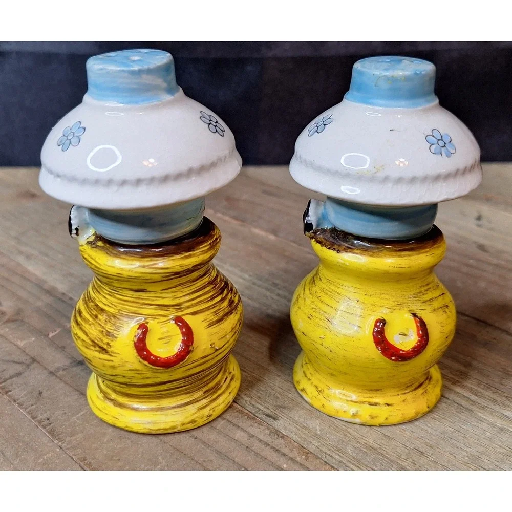 Vintage Artmark Japan Oil Lamp Salt and Pepper Shakers Yellow Floral Ceramic Set